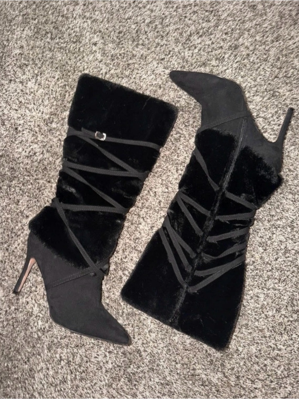 Catherine Malandrino Stylish Black Faux-Fur Lace-Up Pointed-Toe Heeled Boots